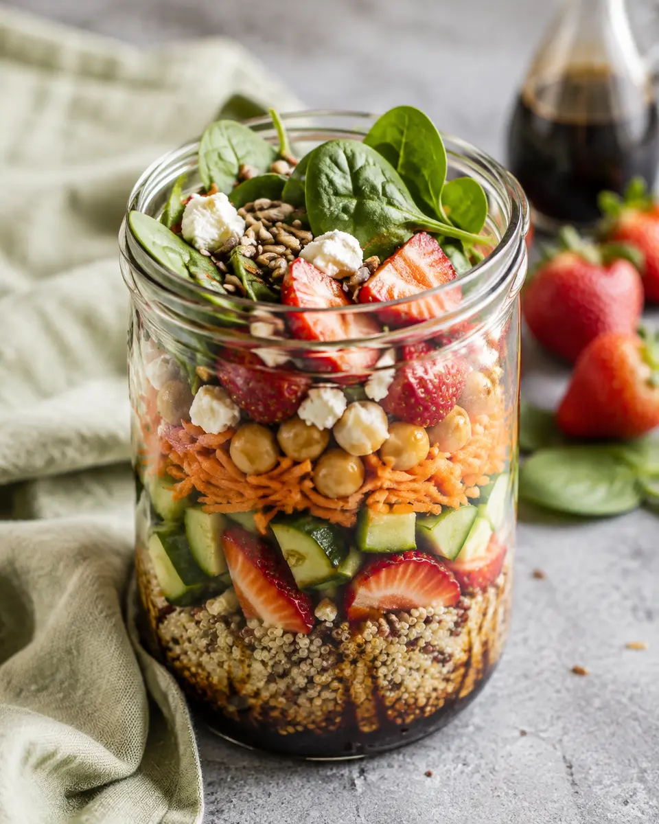 Ensalada de espinaca, fresas y garbanzos en frasco