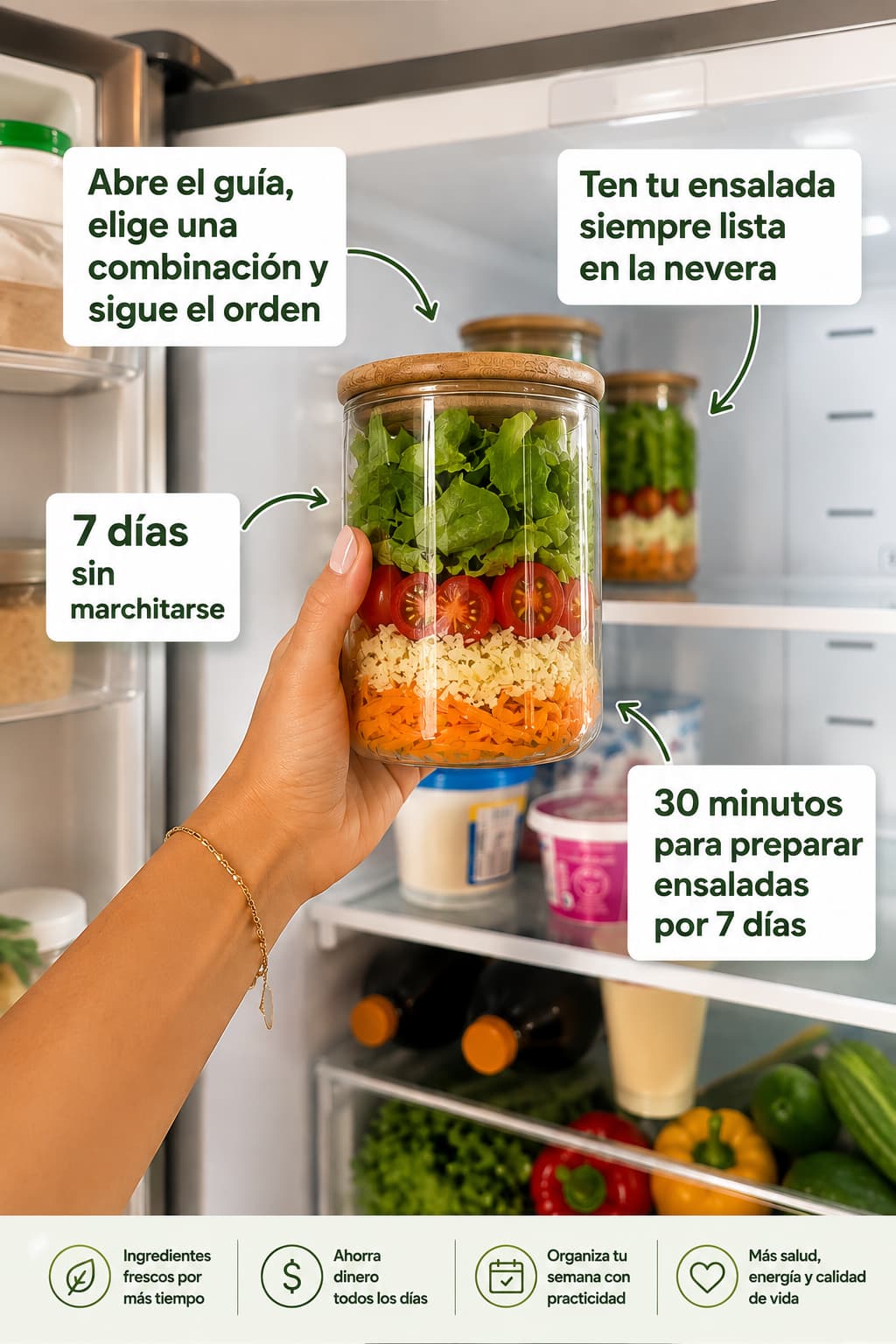 Mujer sosteniendo un frasco con ensalada en capas dentro del refrigerador, con notas sobre preparar en 30 minutos y conservar 7 días sin marchitarse
